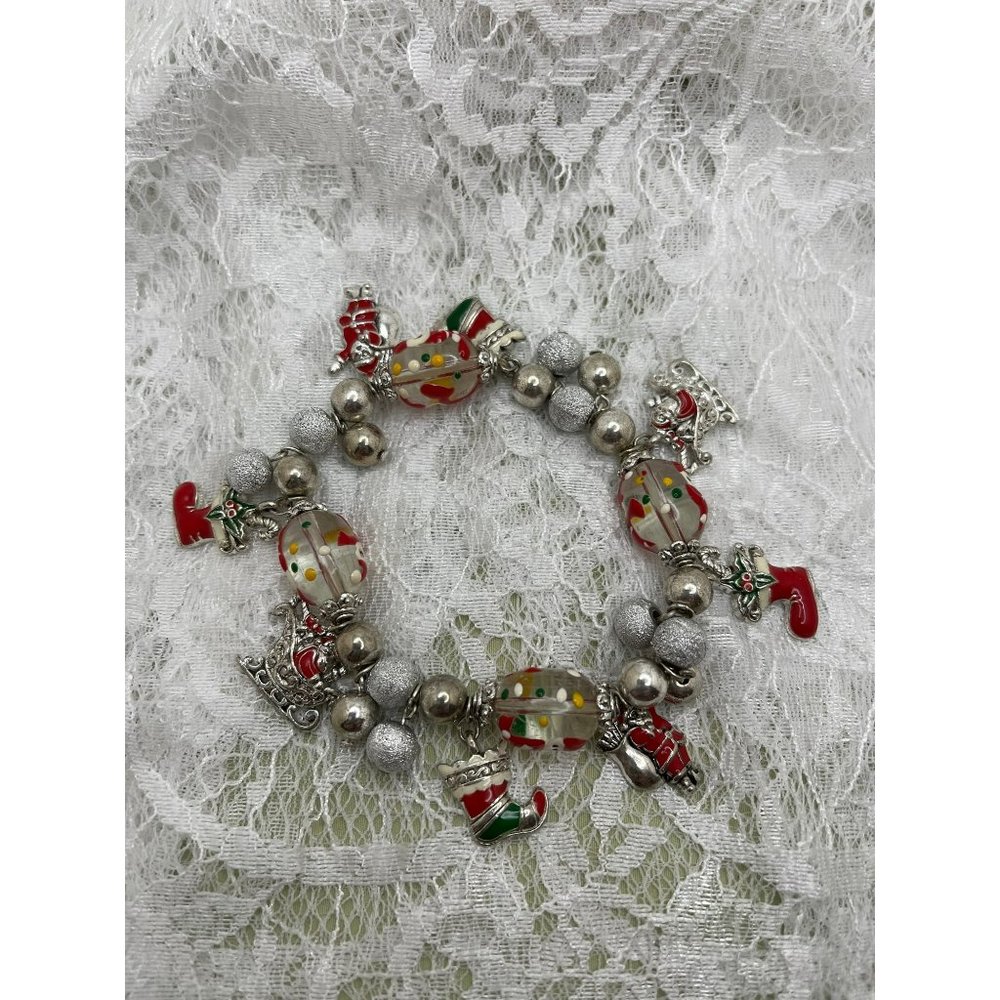 Vintage Glass & Silver Beaded Holiday Charms Stretch Bracelet